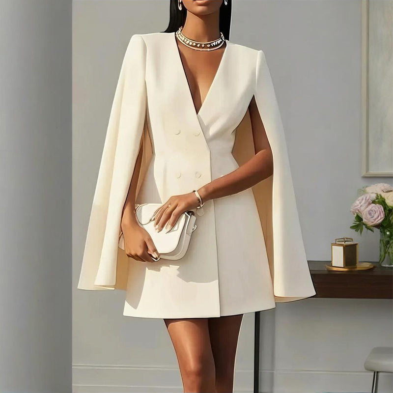 Women's Cape Blazer Dress - Elegant V-Neck Design