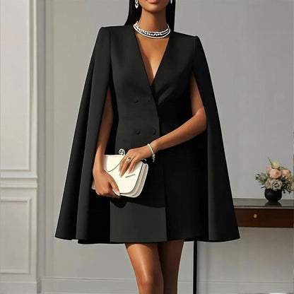 Women's Cape Blazer Dress - Elegant V-Neck Design