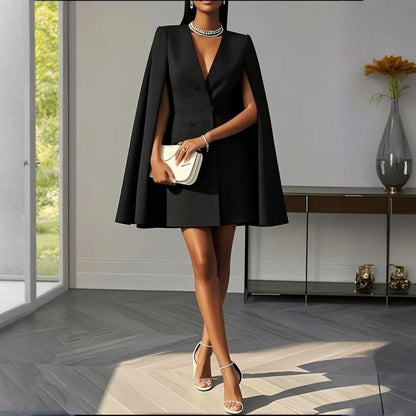 Women's Cape Blazer Dress - Elegant V-Neck Design