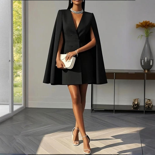 Women's Cape Blazer Dress - Elegant V-Neck Design