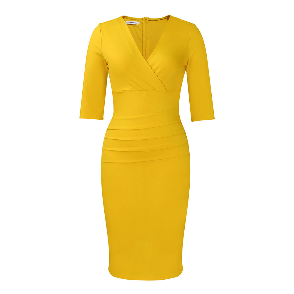V-Neck Temperament Sheath Plus Size Solid Color Dress