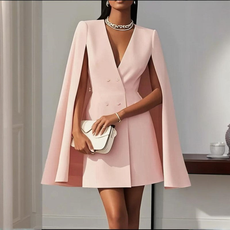 Women's Cape Blazer Dress - Elegant V-Neck Design