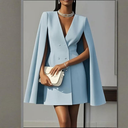 Women's Cape Blazer Dress - Elegant V-Neck Design