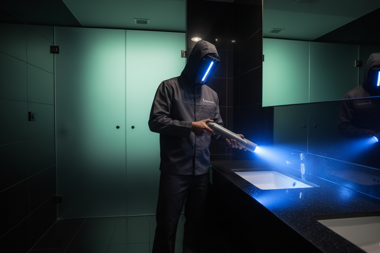 commercial-cleaning-service-someone-cleaning-a-bathroom-using-a-blue-light-technology-and-wand-in-the-dark-with-a-hint-of-mint-green-in-the-background