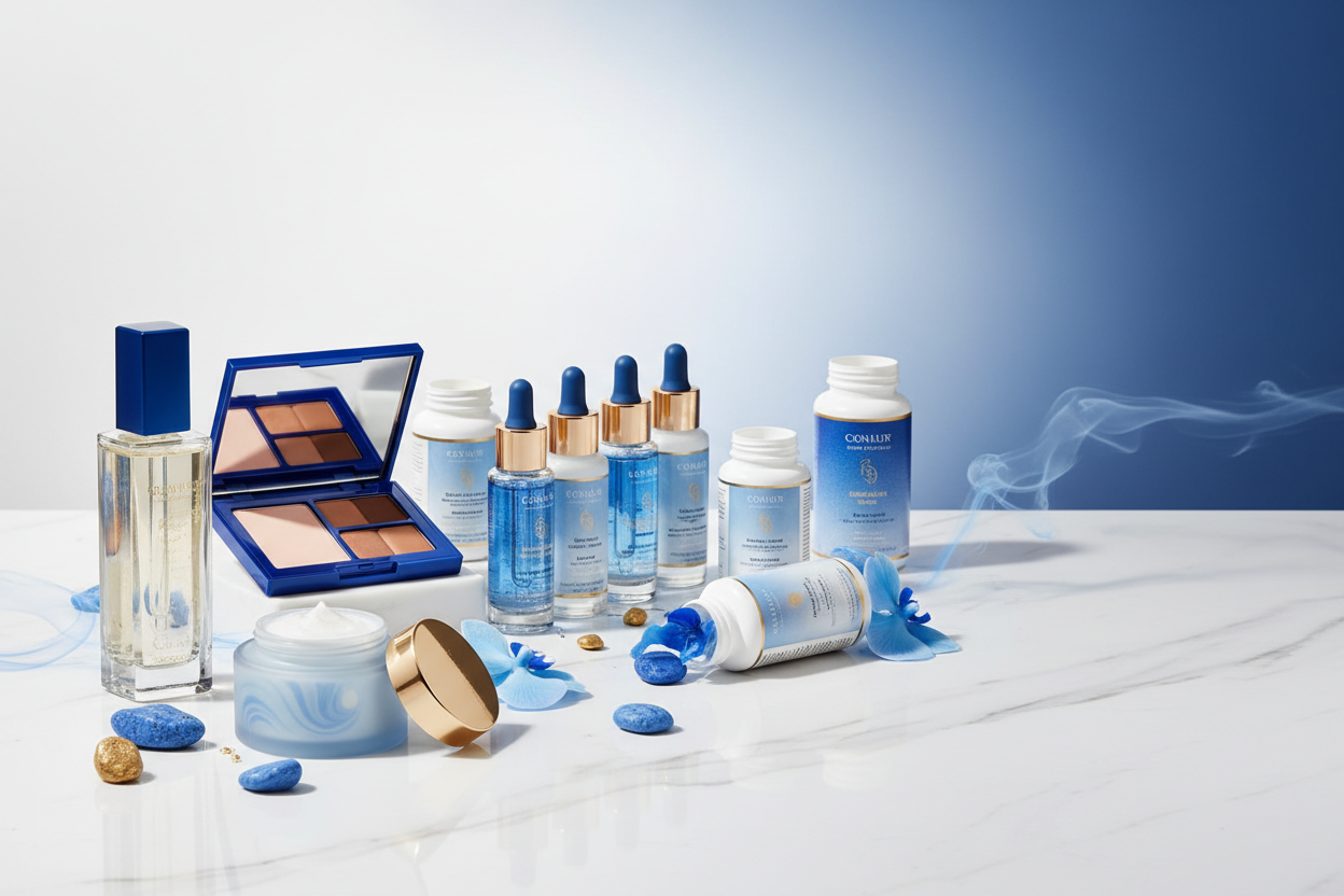 Luxury brand a touch of blue. Hair care, skin care, makeup And wellness products I need a picture for my theme homepage the key Customer conversion